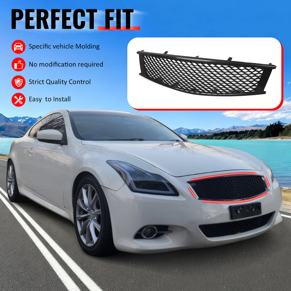 IKON MOTORSPORTS Front Upper Grille, Compatible with 2008-2013 Infiniti G37 Coupe& 2014-2015 Q60, Honeycomb Style Carbon Fiber Print ABS Replacement Front Bumper Hood Grill