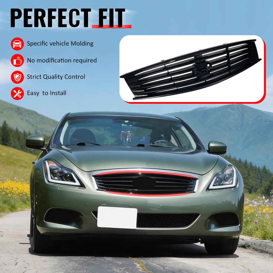IKON MOTORSPORTS Front Upper Grille, Compatible with 2008-2013 Infiniti G37 Coupe& 2014-2015 Q60, OE Style Carbon Fiber Print ABS Replacement Front Bumper Hood Grill