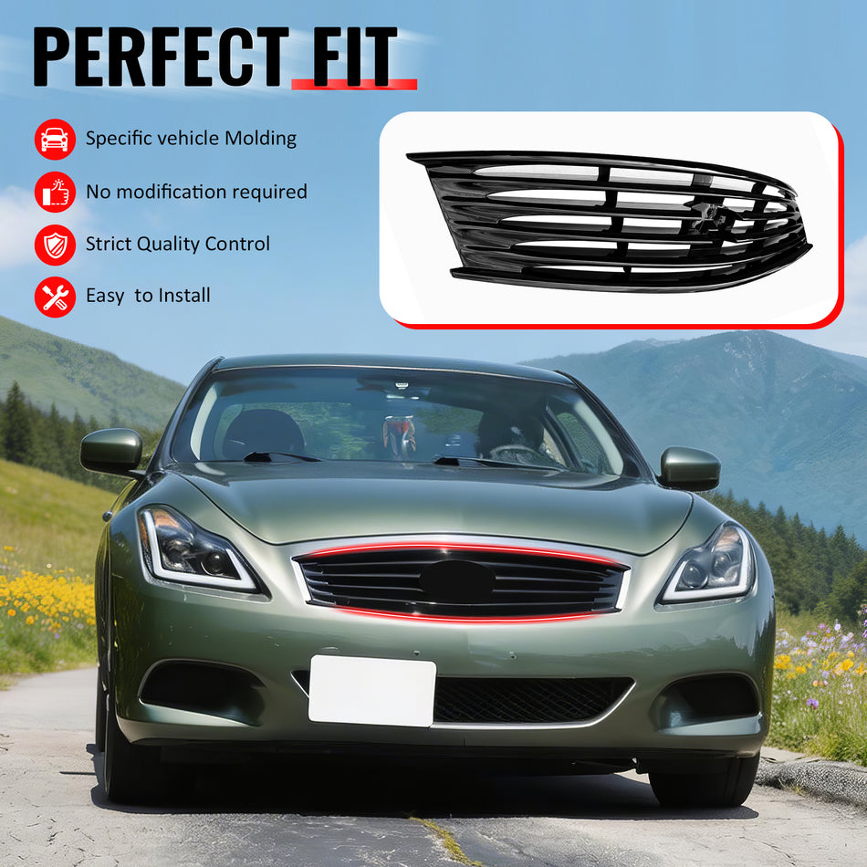 IKON MOTORSPORTS Front Upper Grille, Compatible with 2008-2013 Infiniti G37 Coupe& 2014-2015 Q60, OE Style Gloss Black ABS Replacement Front Bumper Hood Grill