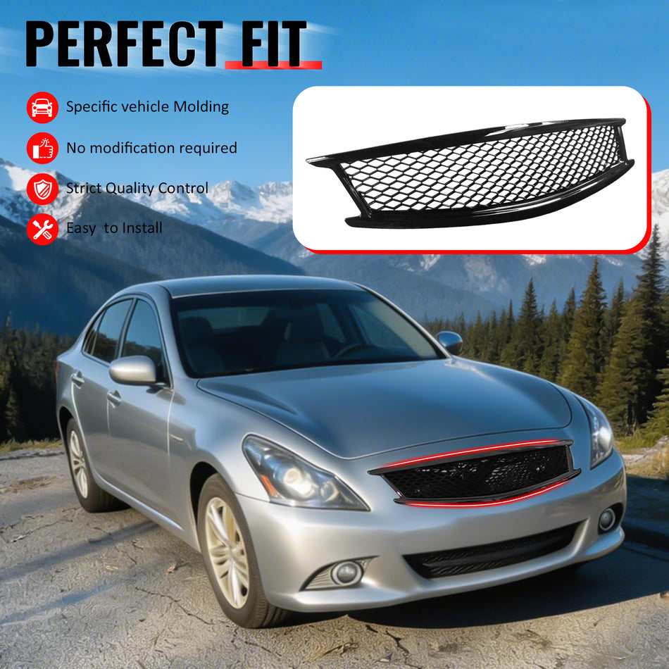 IKON MOTORSPORTS Front Upper Grille, Compatible with 2010-2013 Infiniti G37 Sedan& 2011-2012 G25 Sedan& 2015 Q40 Sedan, Honeycomb Style Gloss Black ABS Replacement Front Bumper Hood Grill