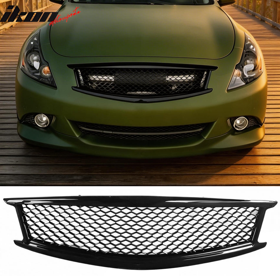 2010-2015 Infiniti G37 G25 Q40 Sedan Honeycomb Style Front Bumper Upper Grille Replacement Gloss Black ABS