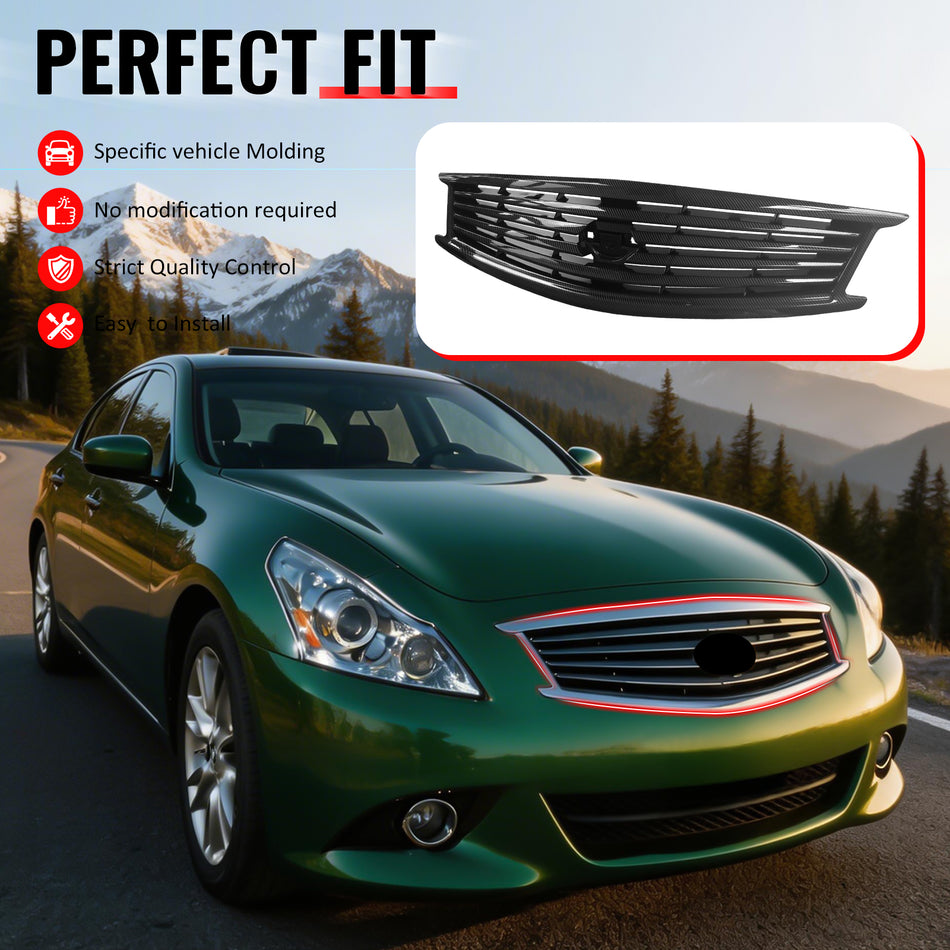 IKON MOTORSPORTS Front Upper Grille, Compatible with 2010-2013 Infiniti G37 Sedan& 2011-2012 G25 Sedan& 2015 Q40 Sedan, OE Style Carbon Fiber Print ABS Replacement Front Bumper Hood Grill