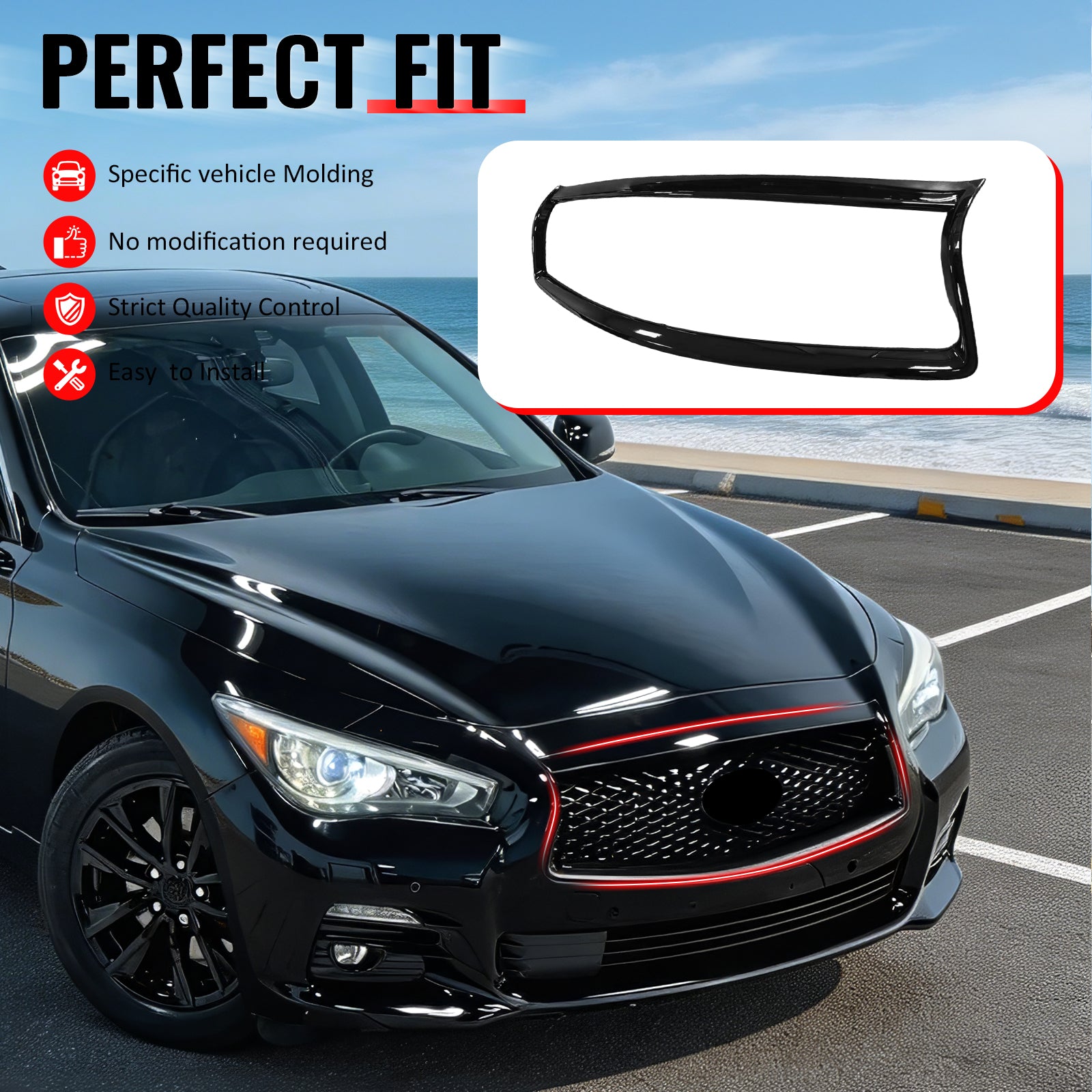 IKON MOTORSPORTS Front Upper Grille Frame, Compatible with 2014-2017 Infiniti Q50, OE Style Gloss Black ABS Replacement Front Bumper Hood Grill Outline Cover Trim