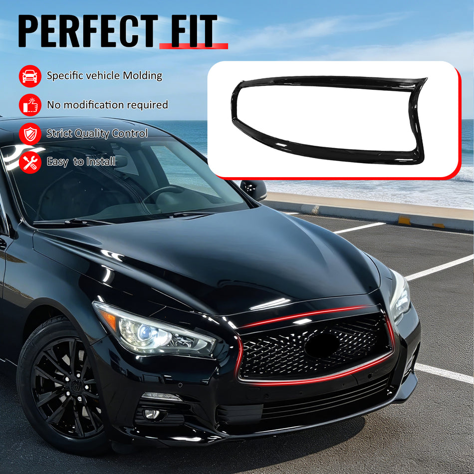 IKON MOTORSPORTS Front Upper Grille Frame, Compatible with 2014-2017 Infiniti Q50, OE Style Gloss Black ABS Replacement Front Bumper Hood Grill Outline Cover Trim