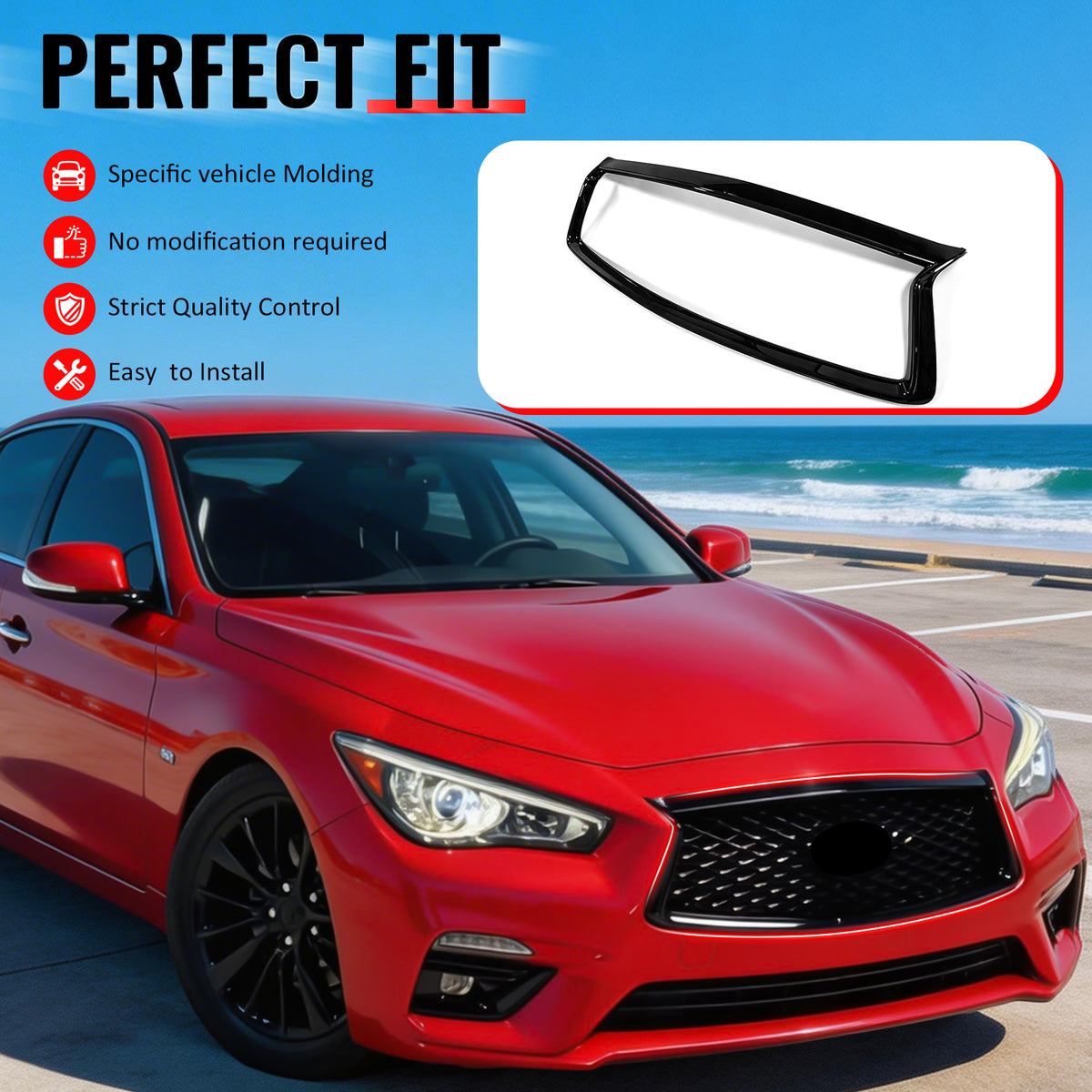 IKON MOTORSPORTS Front Upper Grille Frame, Compatible with 2018-2024 Infiniti Q50, OE Style Gloss Black ABS Replacement Front Bumper Hood Grill Outline Cover Trim