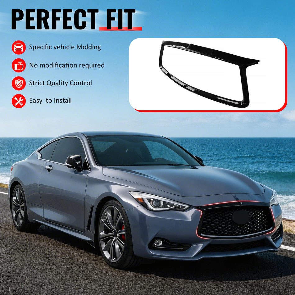 IKON MOTORSPORTS Front Upper Grille Frame, Compatible with 2017-2022 Infiniti Q60, OE Style Gloss Black ABS Replacement Front Bumper Hood Grill Outline Cover Trim