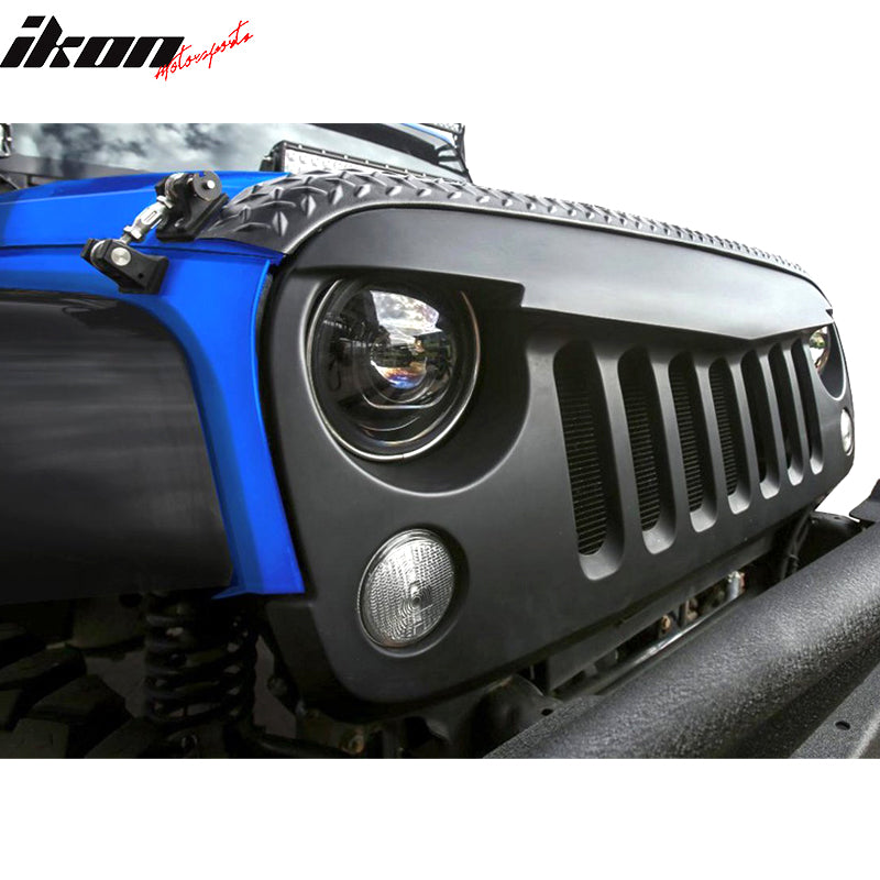 Grille Compatible With 2007-2018 Jeep Wrangler JK JKU, V1 Angry Bird Style Unpainted Black ABS Grille Front Hood Grill Guard By IKON MOTORSPORTS,  2008 2009 2010 2011 2012 2013 2014 2015 2016 2017