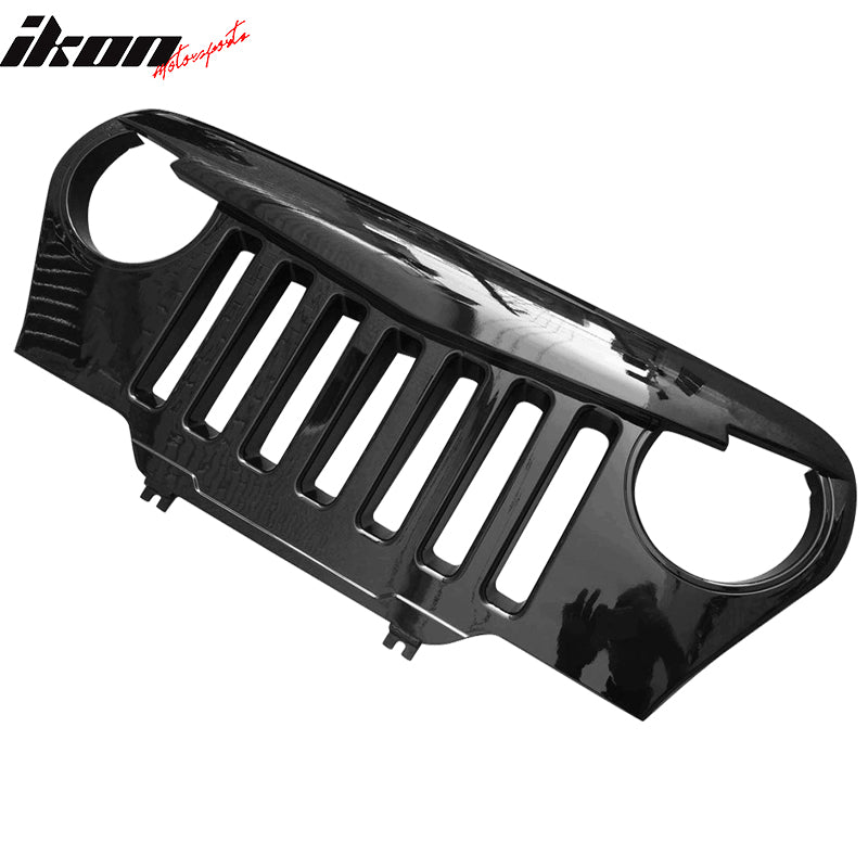 Front Grille Compatible With 1997-2006 Jeep Wrangler, Angry Bird Style Gloss Black ABS TJ V1 Hood Protection by IKON MOTORSPORTS, 1998 1999 2000 2001 2002 2003 2004 2005