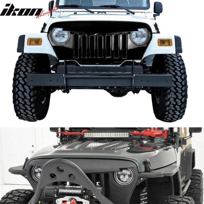 Front Grille Compatible With 1997-2006 Jeep Wrangler TJ, V1 Style Black ABS Angry Bird Hood Grille Front Guard Protection By IKON MOTORSPORTS, 1998 1999 2000 2001 2002 2003 2004 2005