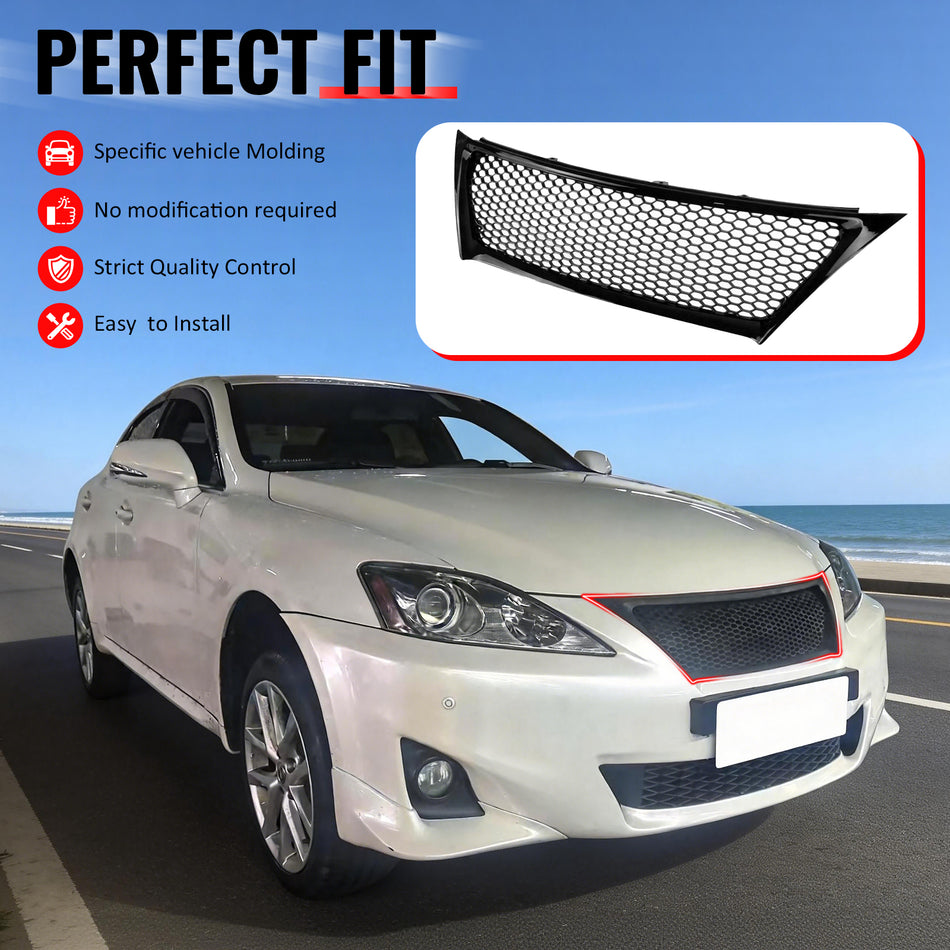 IKON MOTORSPORTS Front Upper Grille, Compatible with 2011-2013 Lexus IS 250 IS350 Sedan, Honeycomb Style Gloss Black ABS Replacement Front Bumper Hood Grill