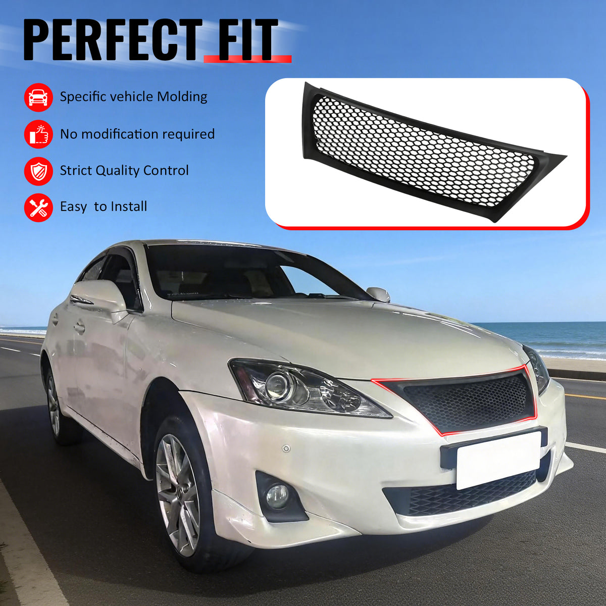 IKON MOTORSPORTS Front Upper Grille, Compatible with 2011-2013 Lexus IS 250 IS350 Sedan, Honeycomb Style Matte Black ABS Replacement Front Bumper Hood Grill