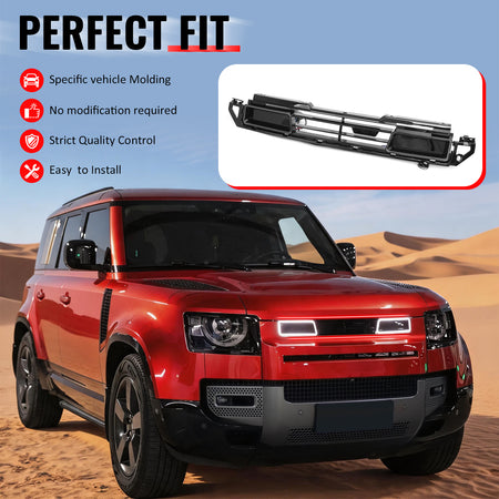 IKON MOTORSPORTS Front Upper Grille, Compatible with 2020-2026 Land Rover Defender 90 110 130 L663, IKON Style Gloss Black ABS Replacement Clip-on Front Bumper Mesh Grill