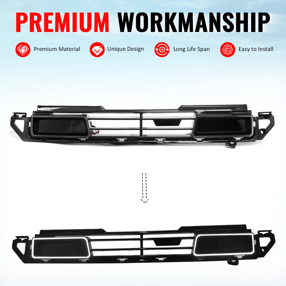 Fits 20-26 Defender 90 110 130 IKON Style LED Front Upper Grille Gloss Black ABS