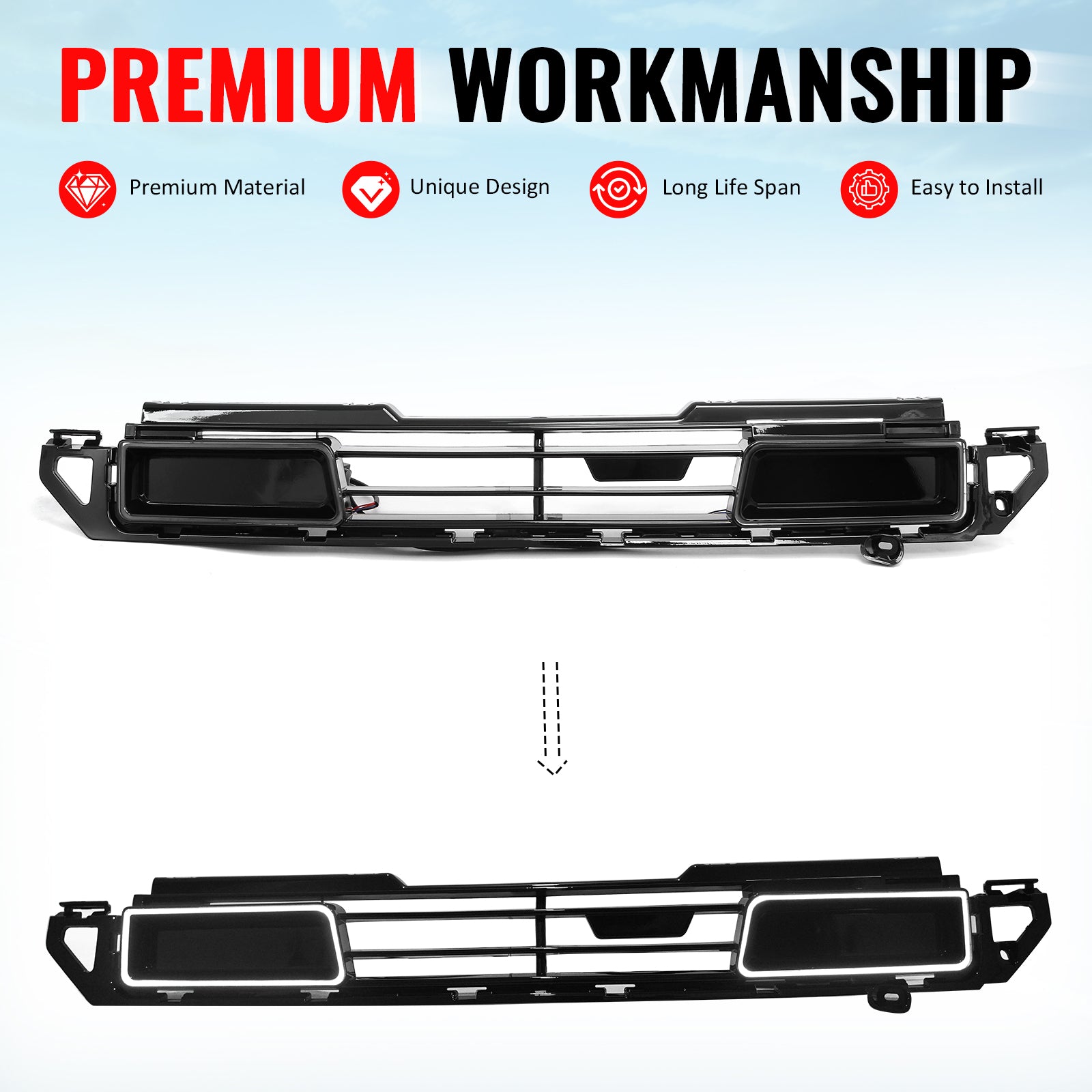 Fits 20-26 Defender 90 110 130 IKON Style LED Front Upper Grille Gloss Black ABS