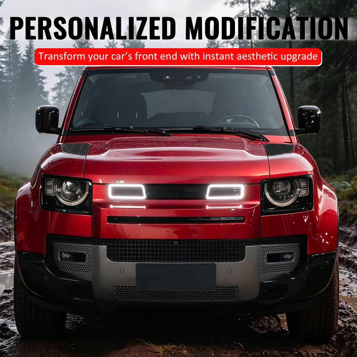 Fits 20-26 Defender 90 110 130 IKON Style LED Front Upper Grille Gloss Black ABS