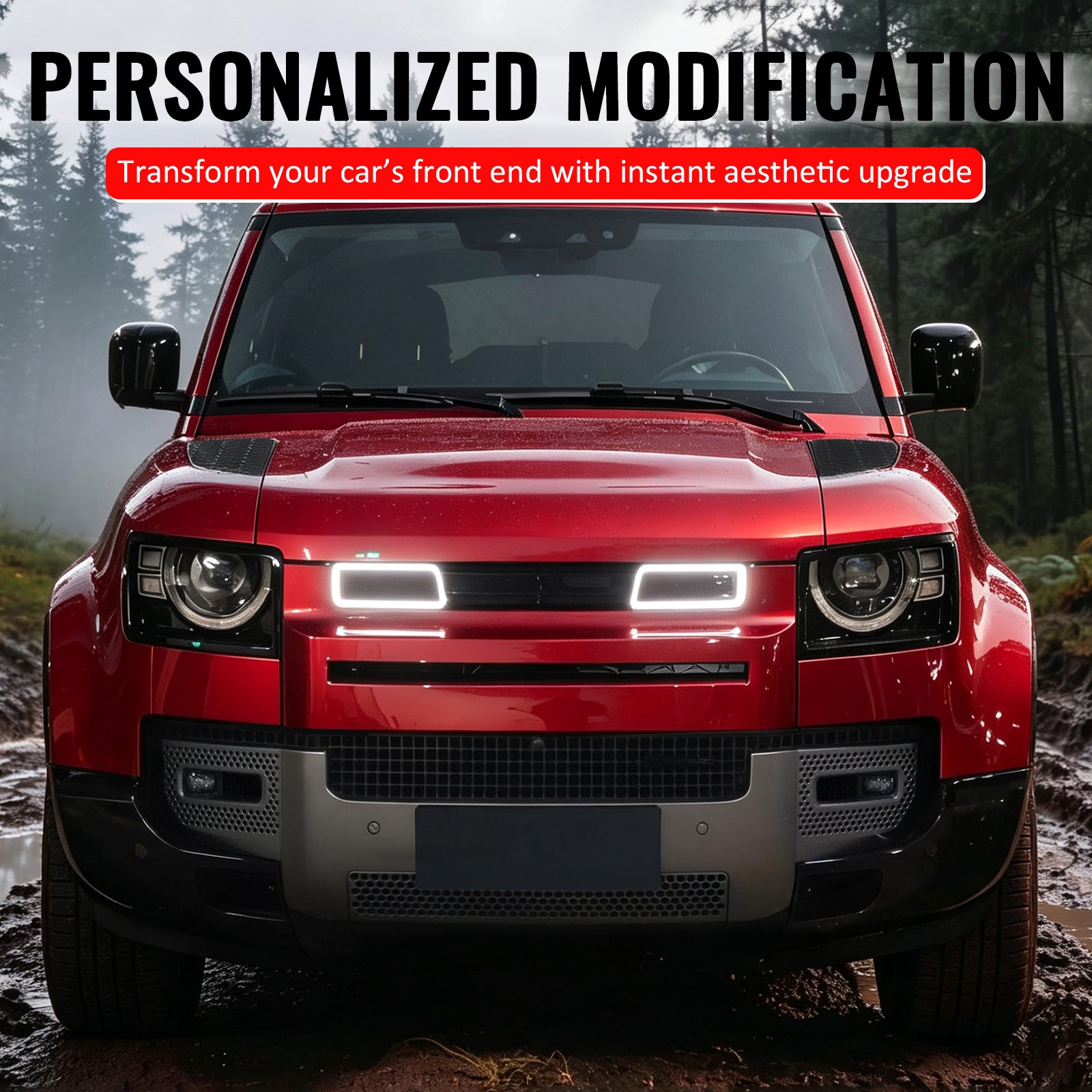Fits 20-26 Defender 90 110 130 IKON Style LED Front Upper Grille Gloss Black ABS