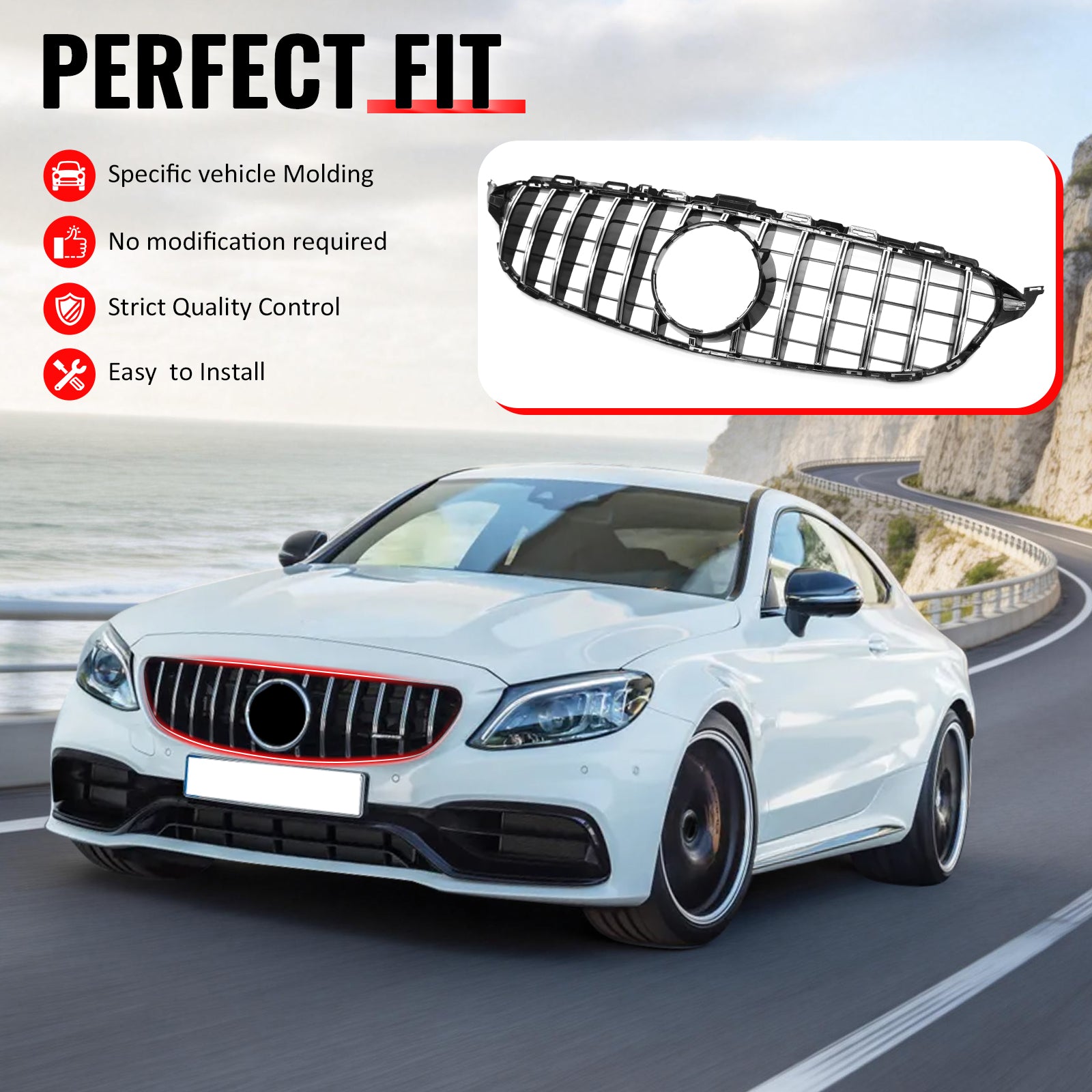 IKON MOTORSPORTS Front Upper Grille, Compatible with 2015-2018 Mercedes-Benz W205 C-Class C63 AMG/C63 AMG S, GTR Style Silver Replacement Front Bumper Hood Grill