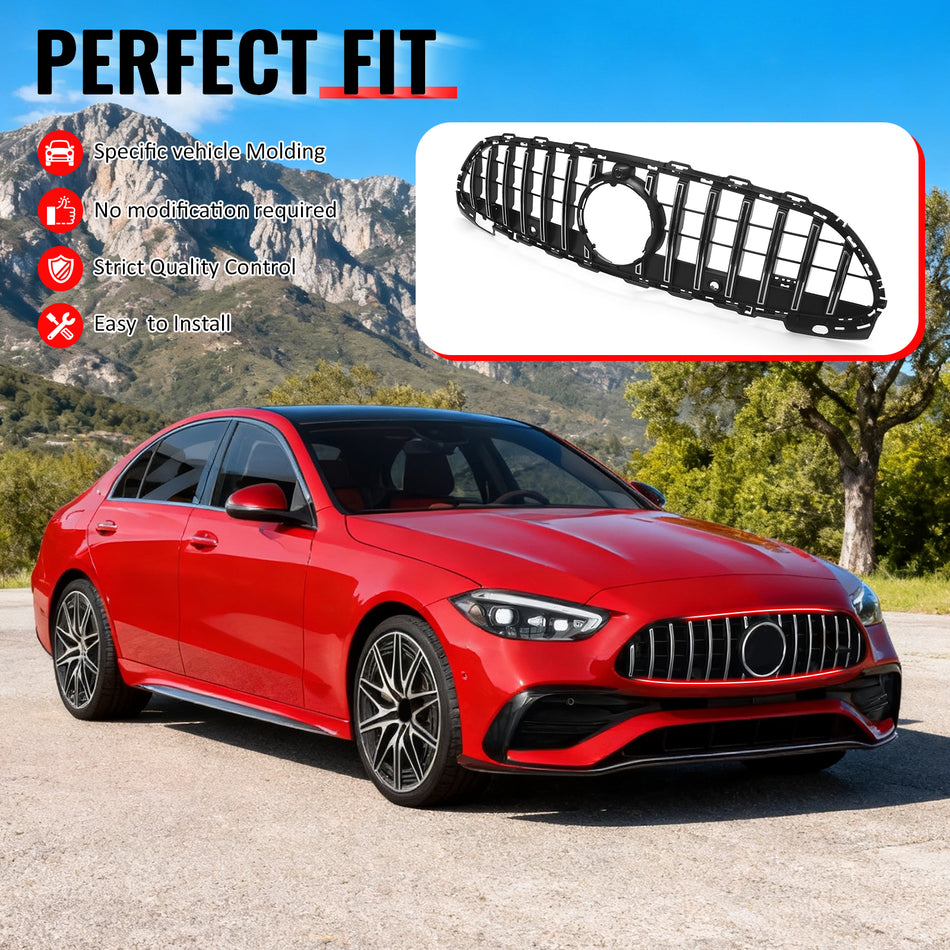 IKON MOTORSPORTS Front Upper Grille, Compatible with 2022-2026 Mercedes-Benz W206 C-Class C300 C43 AMG Sedan 4DR, GT Style Unpainted Black +Chrome ABS Replacement Clip-on Front Bumper Mesh Grill