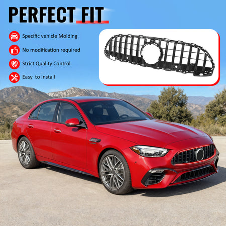 IKON MOTORSPORTS Front Upper Grille, Compatible with 2022-2026 Mercedes-Benz W206 C-Class C300 C43 AMG Sedan 4-Door 4DR, GT Style Gloss Black ABS Replacement Clip-on Front Bumper Mesh Grill