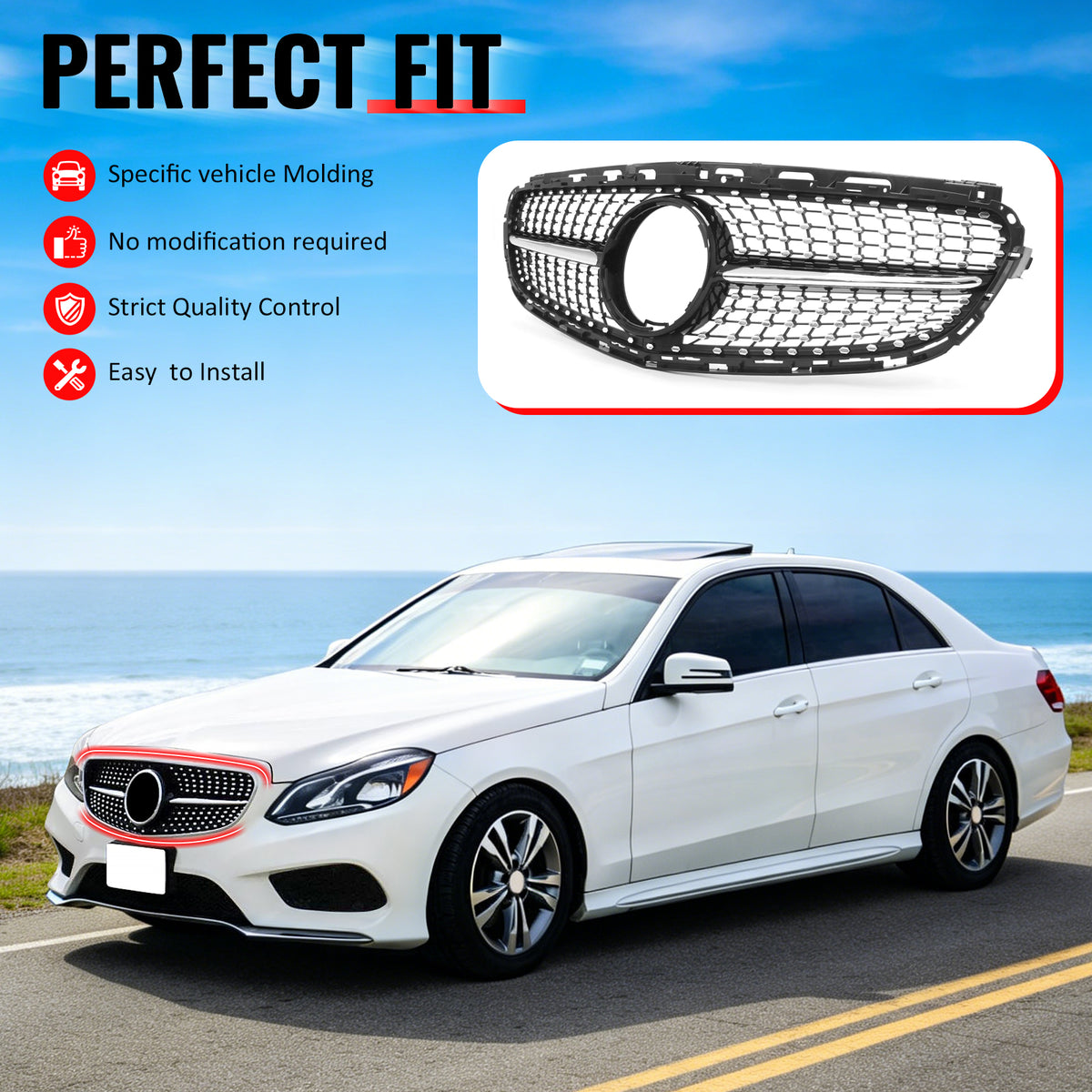 IKON MOTORSPORTS Front Upper Grille, Compatible with 2014-2016 Mercedes-Benz W212 E250 E350 E400 E550 S212 4DR, Diamond Style Gloss Black + Chrome ABS Replacement Clip-on Front Bumper Mesh Grill