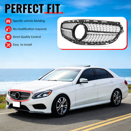 IKON MOTORSPORTS Front Upper Grille, Compatible with 2014-2016 Mercedes-Benz W212 E250 E350 E400 E550 S212 4DR, Diamond Style Gloss Black + Chrome ABS Replacement Clip-on Front Bumper Mesh Grill