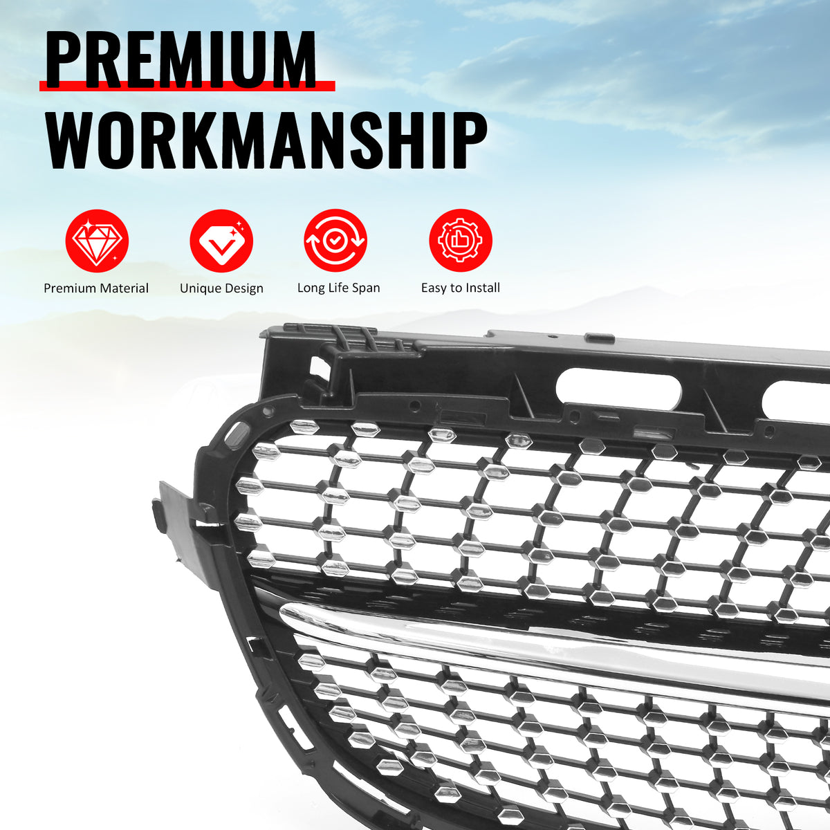 Fits 14-16 Benz W212 E350 E400 E550 Diamond Upper Grille Gloss Black Chrome ABS