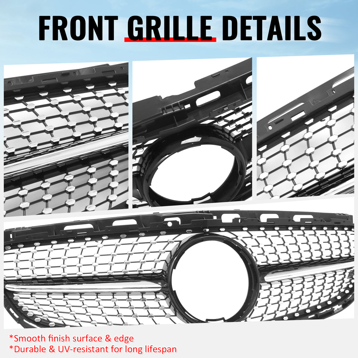 Fits 14-16 Benz W212 E350 E400 E550 Diamond Upper Grille Gloss Black Chrome ABS