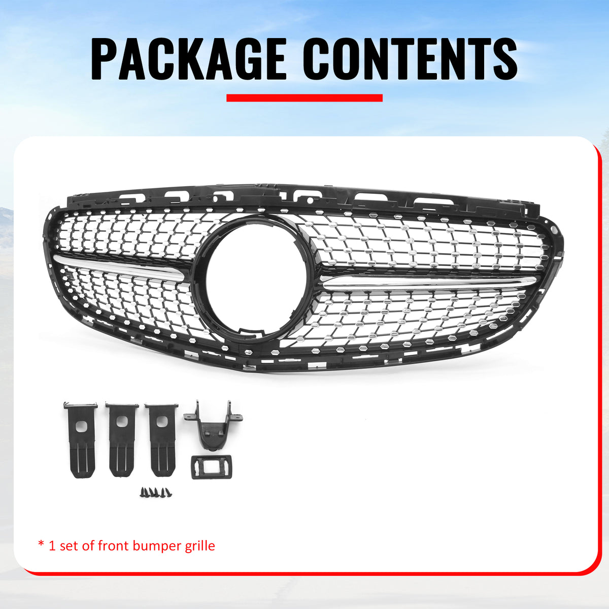 Fits 14-16 Benz W212 E350 E400 E550 Diamond Upper Grille Gloss Black Chrome ABS