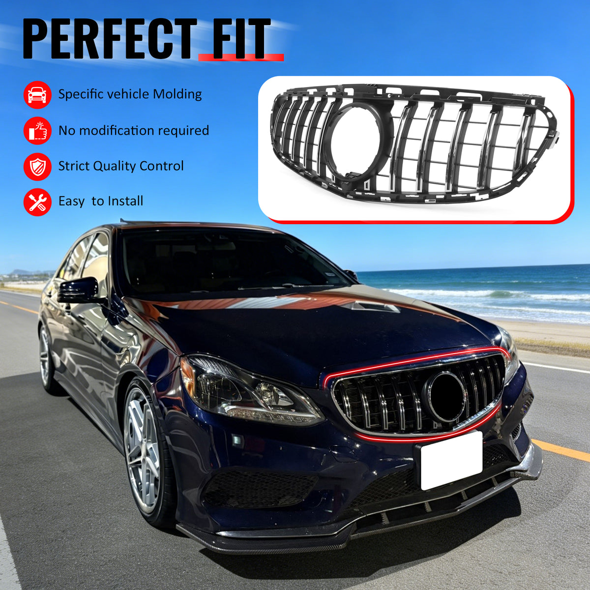 IKON MOTORSPORTS Front Upper Grille, Compatible with 2014-2016 Mercedes-Benz W212 E250 E350 E400 E550 S212 4DR, GT Style Unpainted Black + Chrome ABS Replacement Clip-on Front Bumper Mesh Grill
