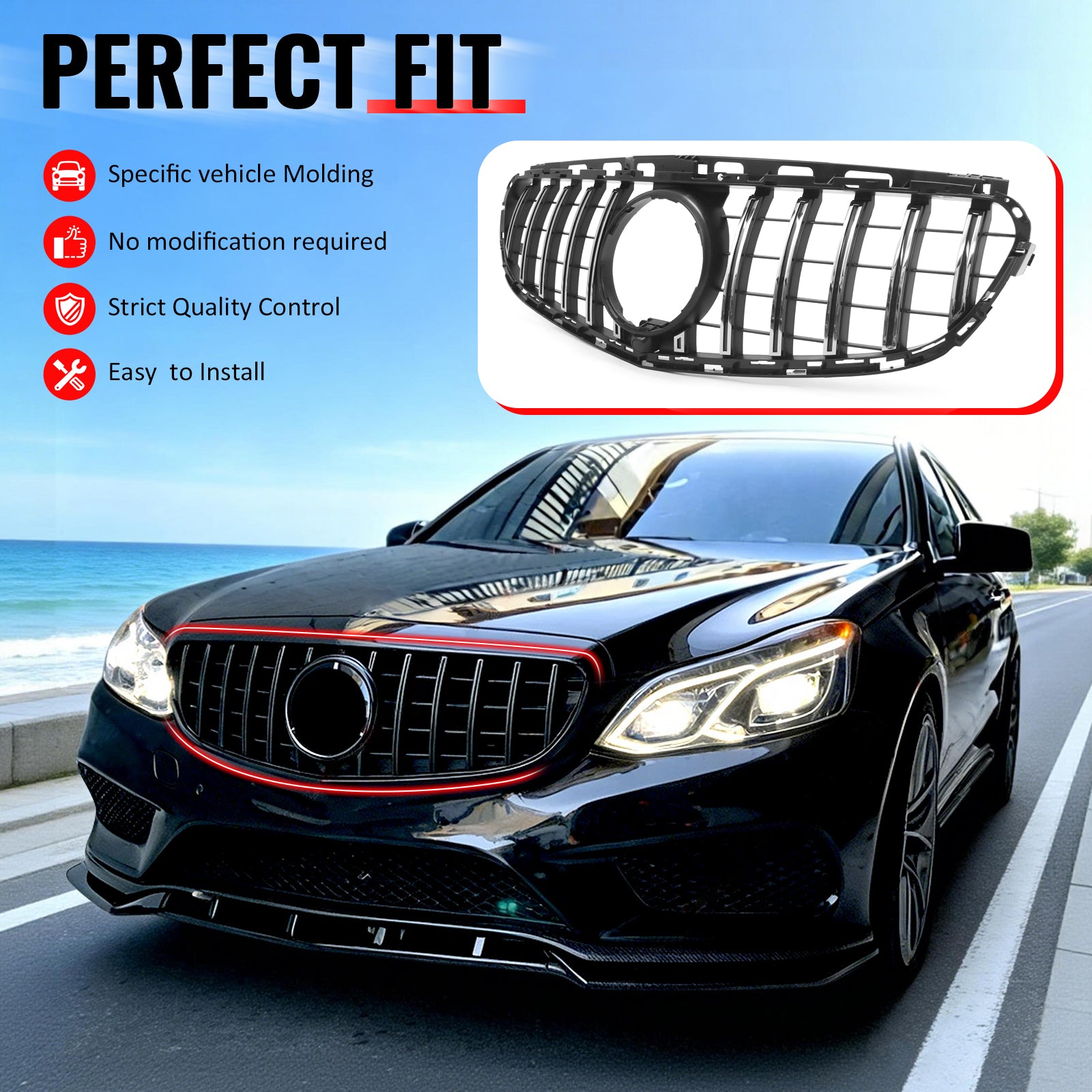 IKON MOTORSPORTS Front Upper Grille, Compatible with 2014-2016 Mercedes-Benz W212 E250 E350 E400 E550 S212 Sedan Wagon 4DR, GT Style Gloss Black ABS Replacement Clip-on Front Bumper Mesh Grill