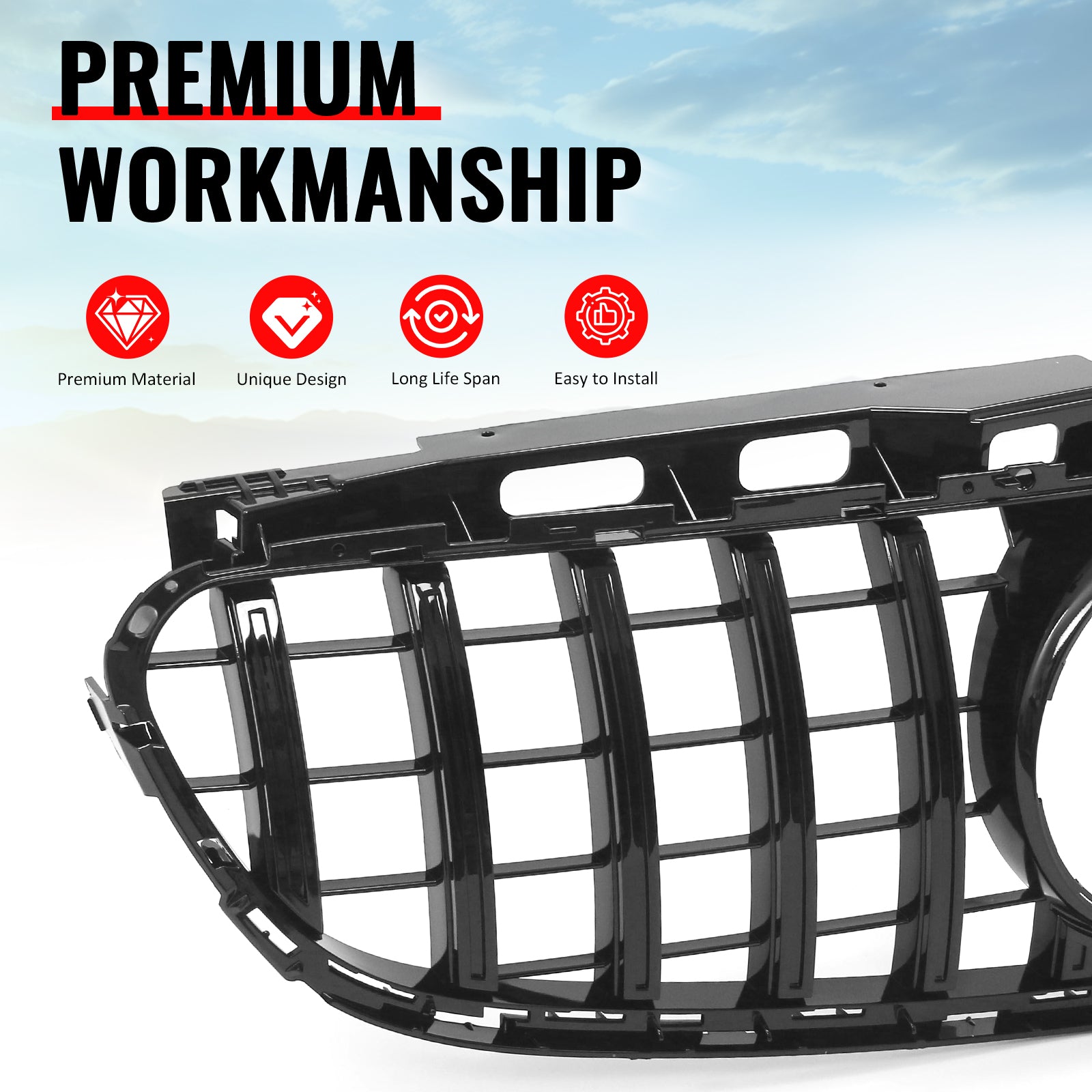 Fits 14-16 Benz W212 E350 E400 E550 GT Style Front Upper Grille Gloss Black ABS