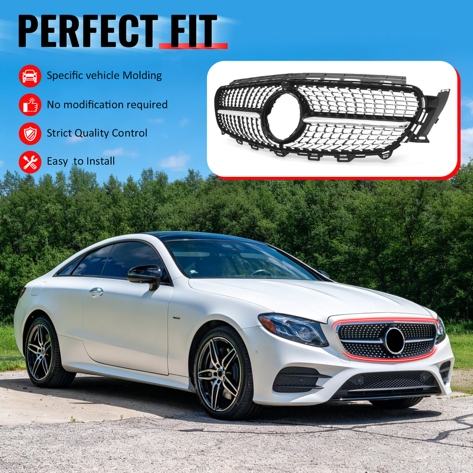 IKON MOTORSPORTS Front Upper Grille, Compatible with 2017-2020 Mercedes-Benz W213 E300 E350 E400 E450 E43 AMG S213 C238 A238, Diamond Style Gloss Black + Chrome ABS Replacement Clip-on Front Mesh Grill