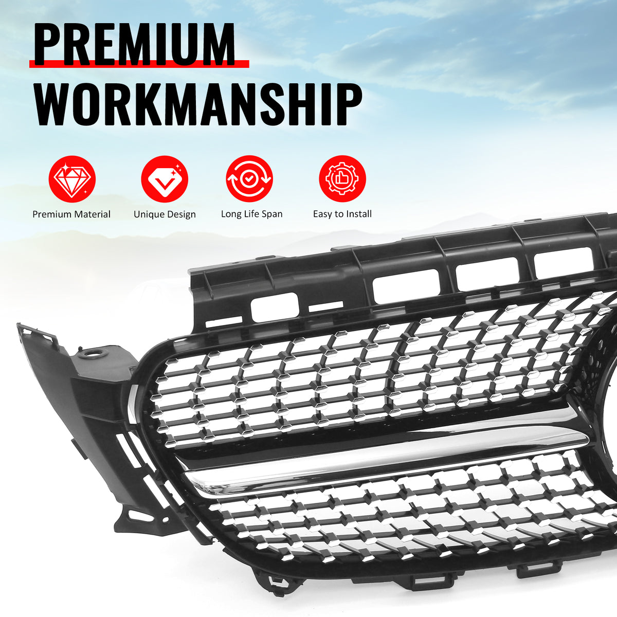 Fits 17-20 Benz E350 E400 E450 Diamond Style Upper Grille Gloss Black Chrome ABS