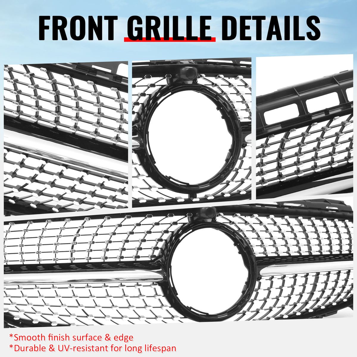 Fits 17-20 Benz E350 E400 E450 Diamond Style Upper Grille Gloss Black Chrome ABS