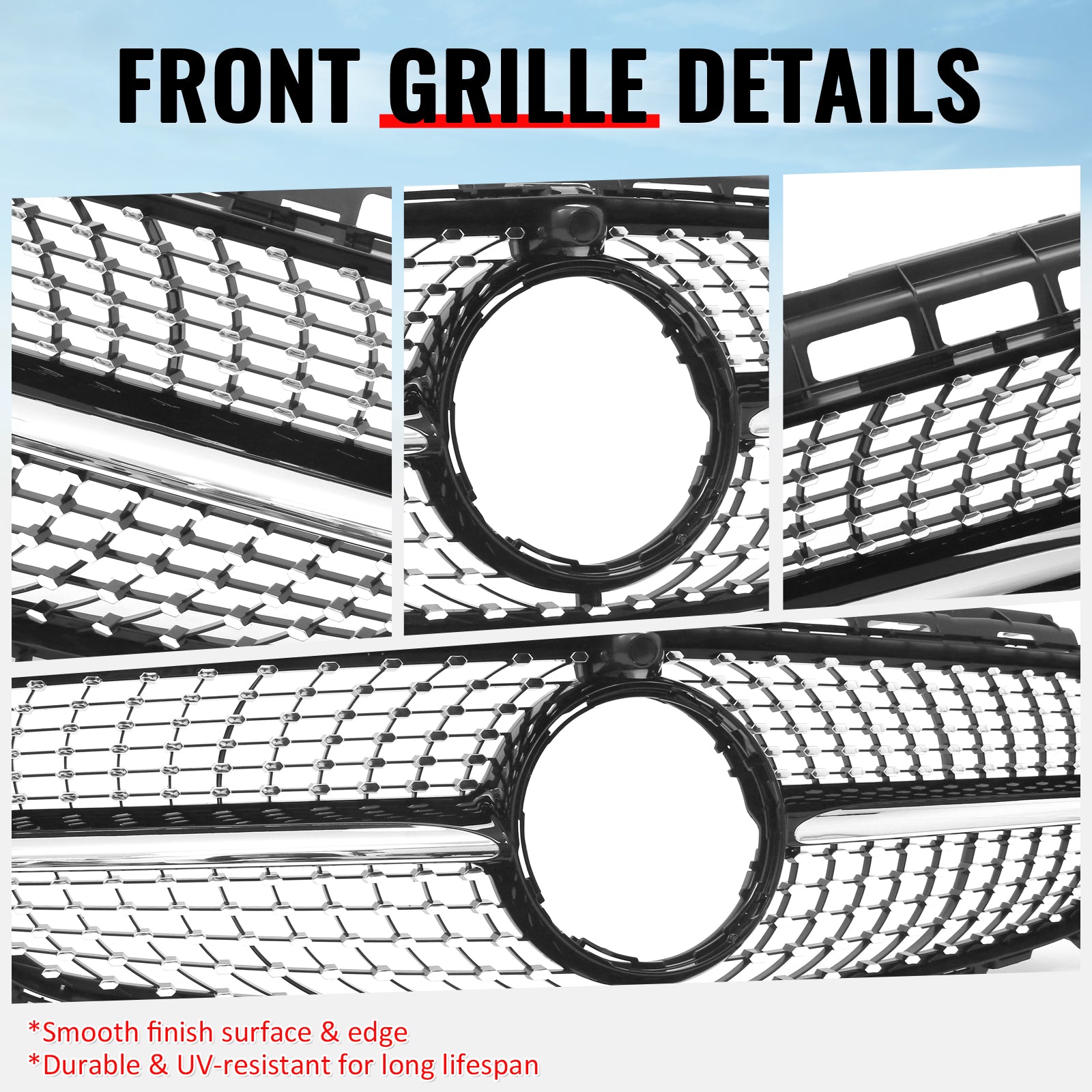 Fits 17-20 Benz E350 E400 E450 Diamond Style Upper Grille Gloss Black Chrome ABS