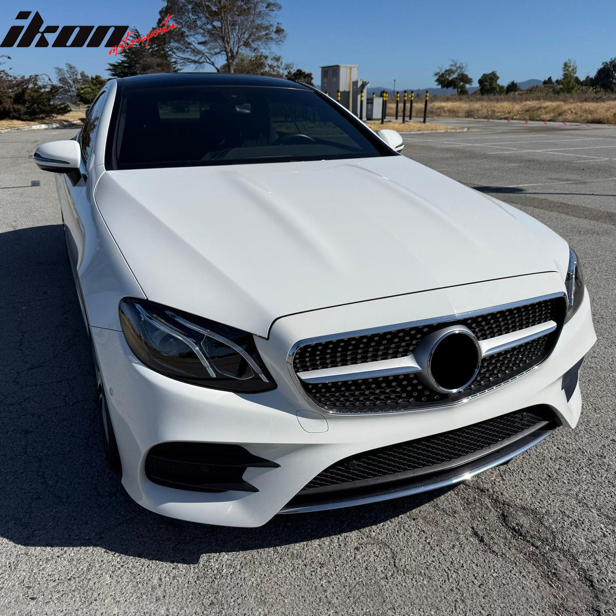 Fits 17-20 Benz E350 E400 E450 Diamond Style Upper Grille Gloss Black Chrome ABS