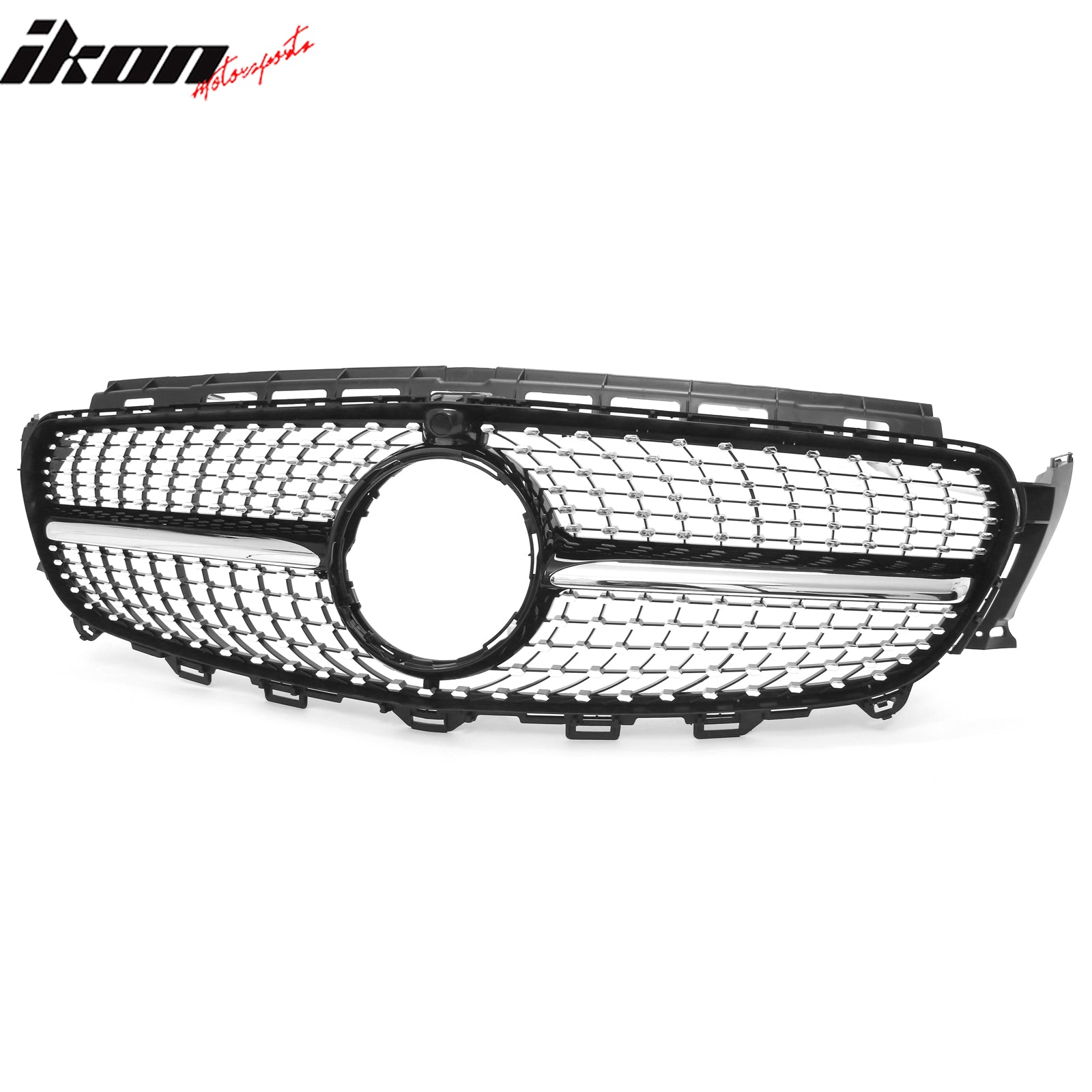 Fits 17-20 Benz E350 E400 E450 Diamond Style Upper Grille Gloss Black Chrome ABS