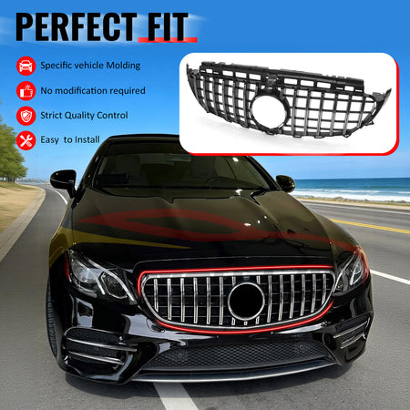 IKON MOTORSPORTS Front Upper Grille, Compatible with 2017-2020 Mercedes-Benz W213 E300 E350 E400 E450 E43 AMG S213 C238 A238, GT Style Unpainted Black + Chrome ABS Replacement Clip-on Front Mesh Grill
