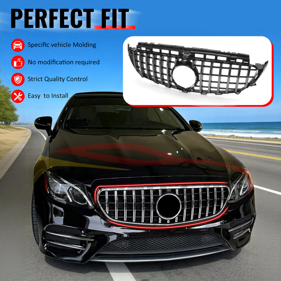 IKON MOTORSPORTS Front Upper Grille, Compatible with 2017-2020 Mercedes-Benz W213 E300 E350 E400 E450 E43 AMG S213 C238 A238, GT Style Unpainted Black + Chrome ABS Replacement Clip-on Front Mesh Grill