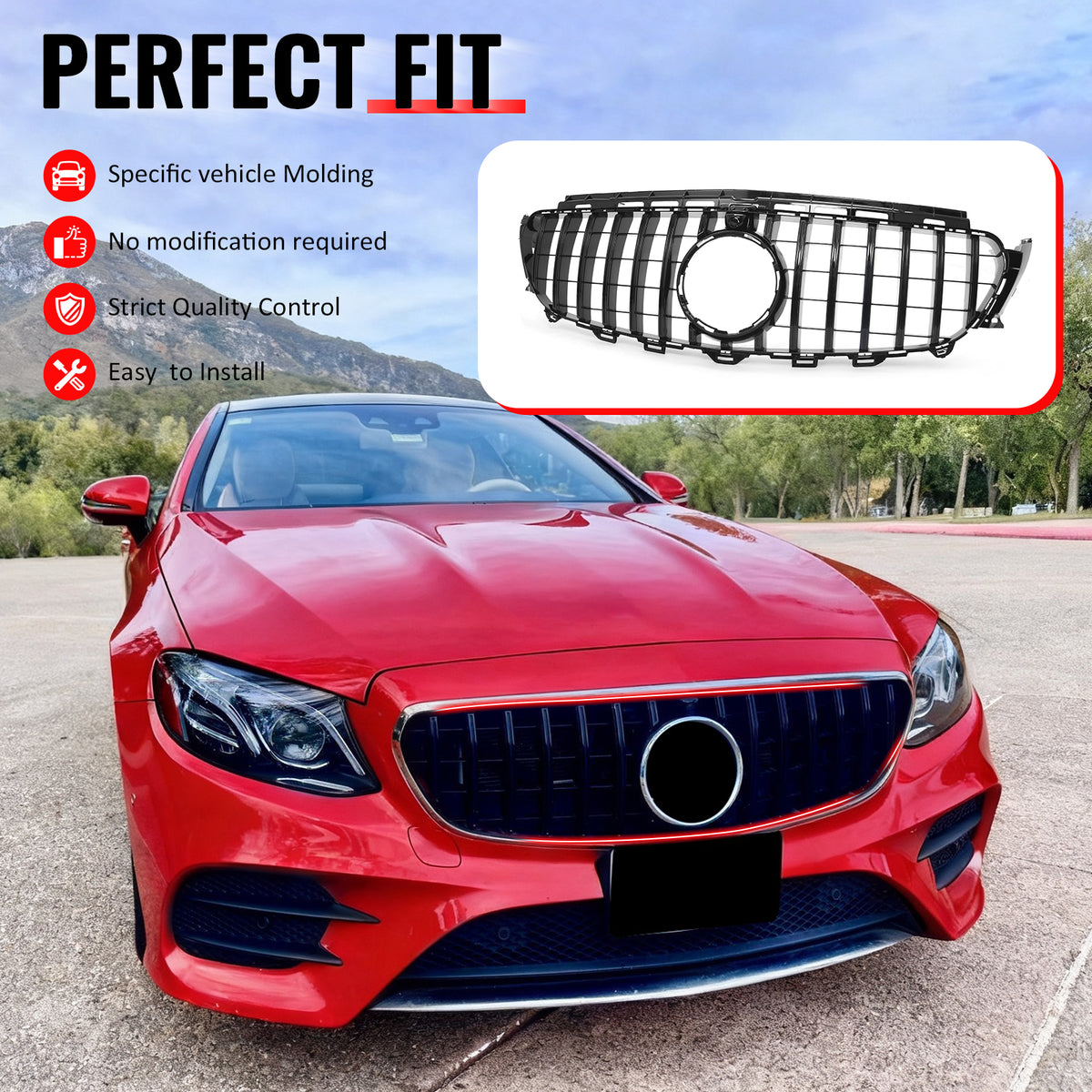 IKON MOTORSPORTS Front Upper Grille, Compatible with 2017-2020 Mercedes-Benz W213 E300 E350 E400 E450 E43 AMG S213 C238 A238, GT Style Gloss Black ABS Replacement Clip-on Front Bumper Mesh Grill