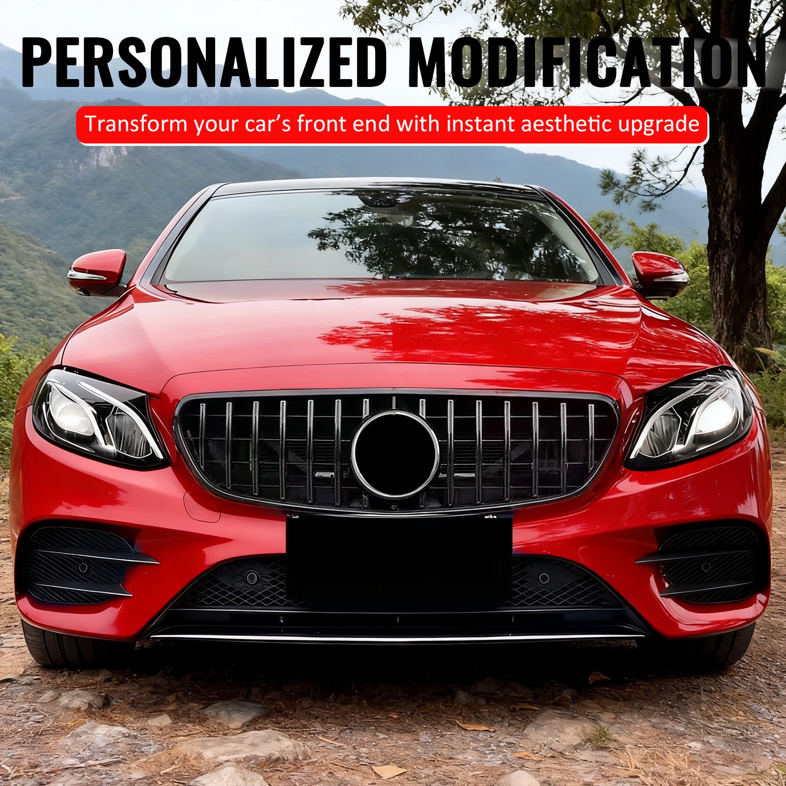 Fits 17-20 Benz E350 E400 E450 E43 GT Style Front Upper Grille Gloss Black ABS