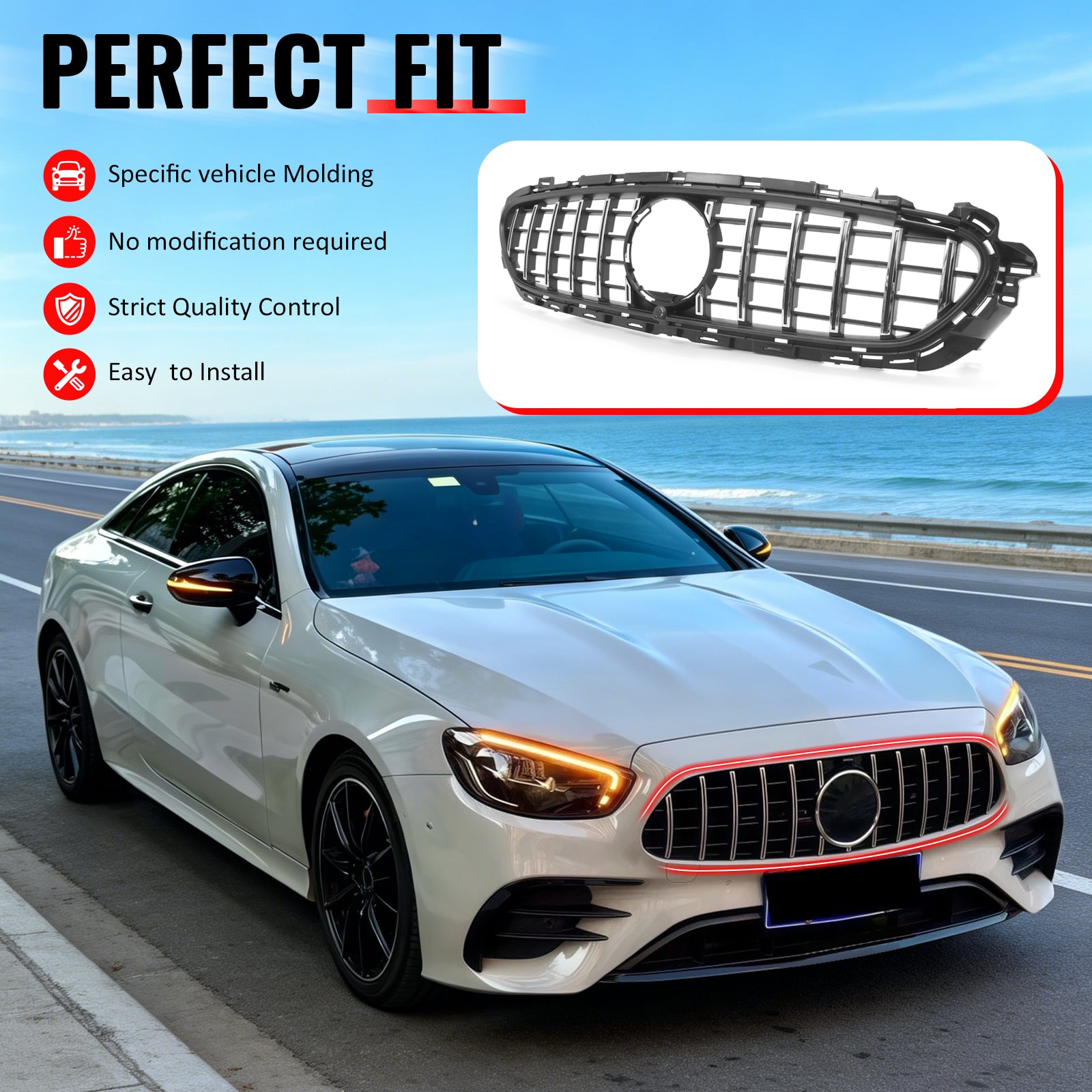 IKON MOTORSPORTS Front Upper Grille, Compatible with 2021-2023 Mercedes-Benz W213 E350 E450 AMG S213 C238 A238, GT Style Unpainted Black + Chrome ABS Replacement Clip-on Front Bumper Mesh Grill