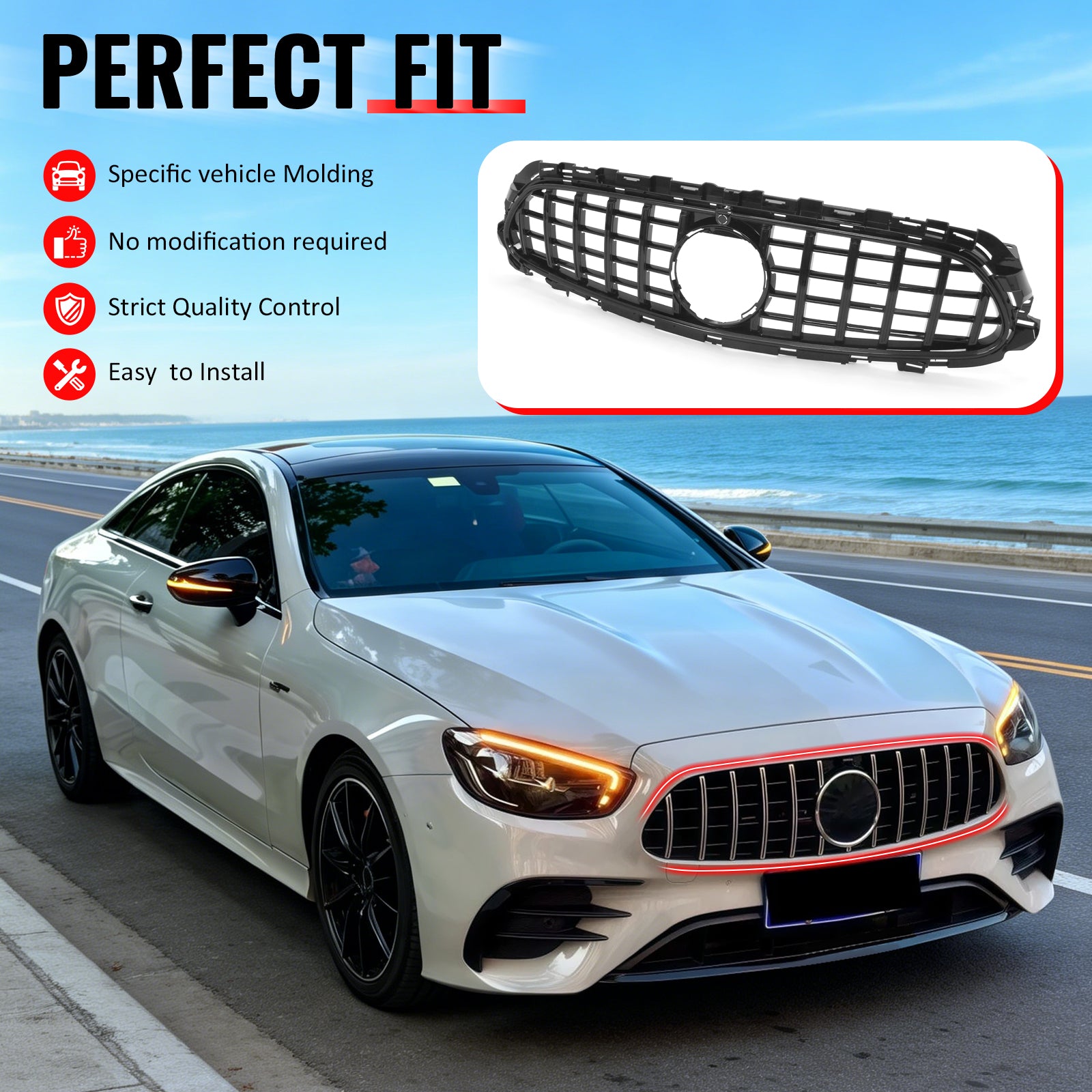 IKON MOTORSPORTS Front Upper Grille, Compatible with 2021-2023 Mercedes-Benz W213 E350 E450 AMG S213 C238 A238, GT Style Gloss Black ABS Replacement Clip-on Front Bumper Mesh Grill