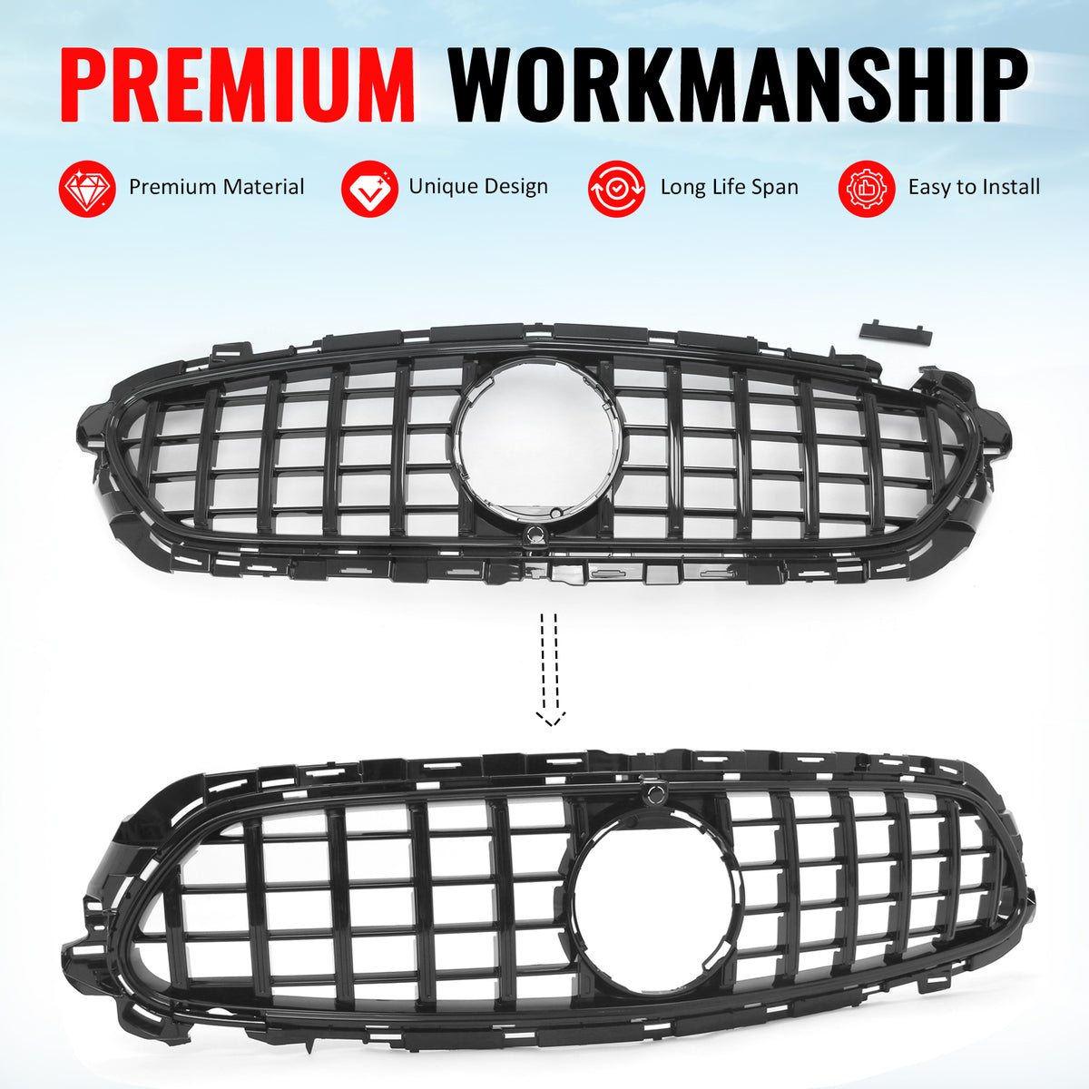 Fits 21-23 Benz E-Class E350 E450 GT Style Front Upper Grille Gloss Black ABS