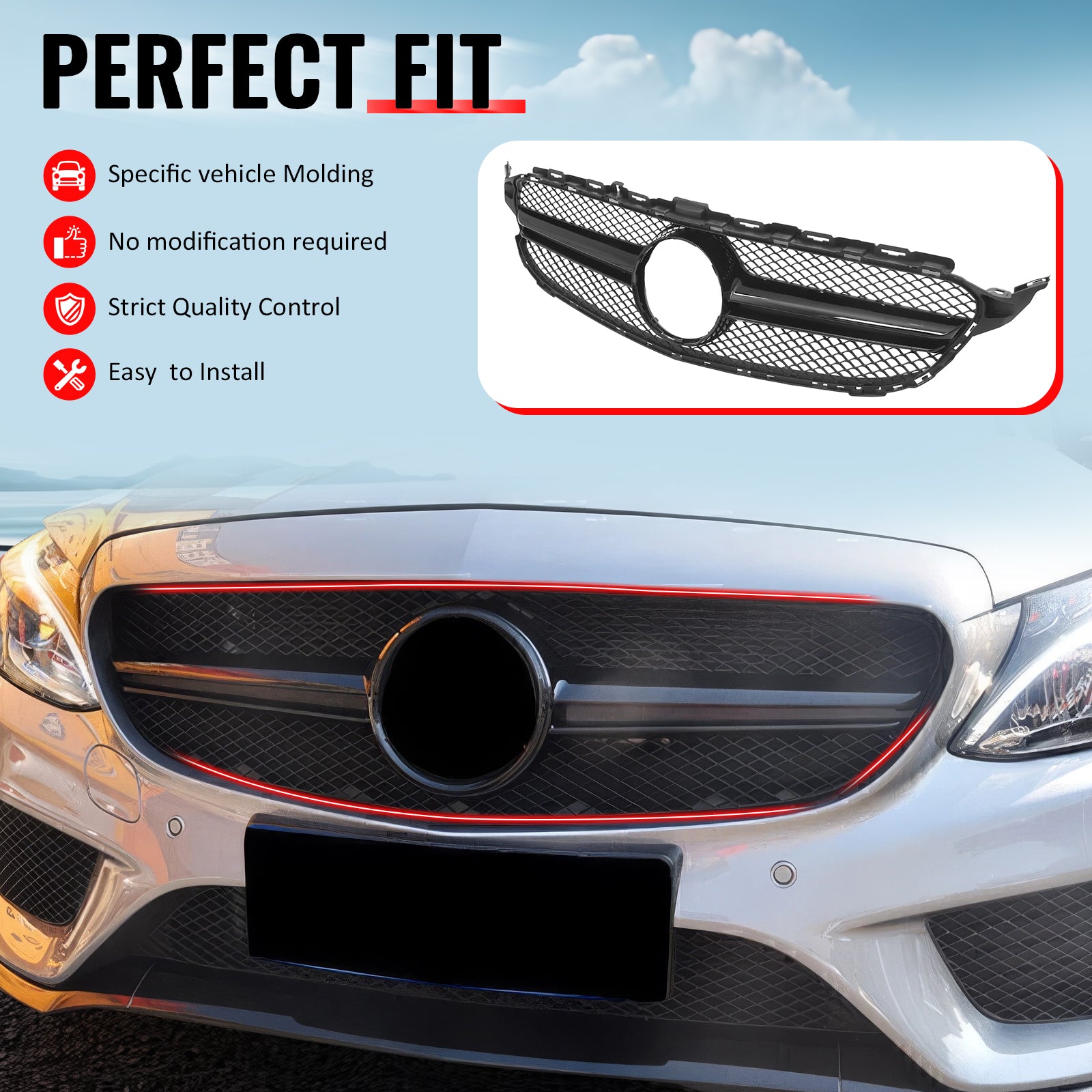 IKON MOTORSPORTS Front Upper Grille, Compatible with 2015-2018 Mercedes-Benz W205 C-Class C300 C350e C400 C450 AMG C205 A205, W205 C63 Style Primer + Gloss Black ABS Clip-on Front Bumper Mesh Grill
