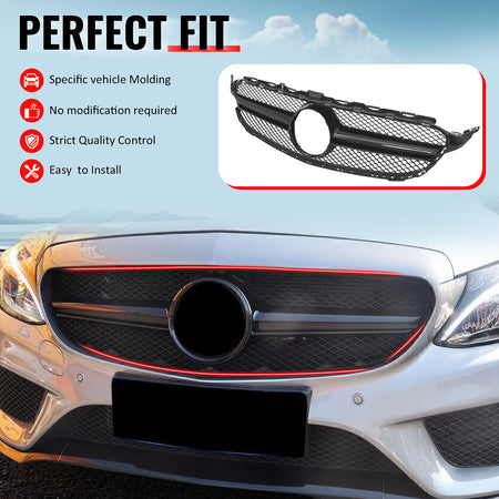 IKON MOTORSPORTS Front Upper Grille, Compatible with 2015-2018 Mercedes-Benz W205 C-Class C300 C350e C400 C450 AMG C205 A205, W205 C63 Style Primer + Gloss Black ABS Clip-on Front Bumper Mesh Grill