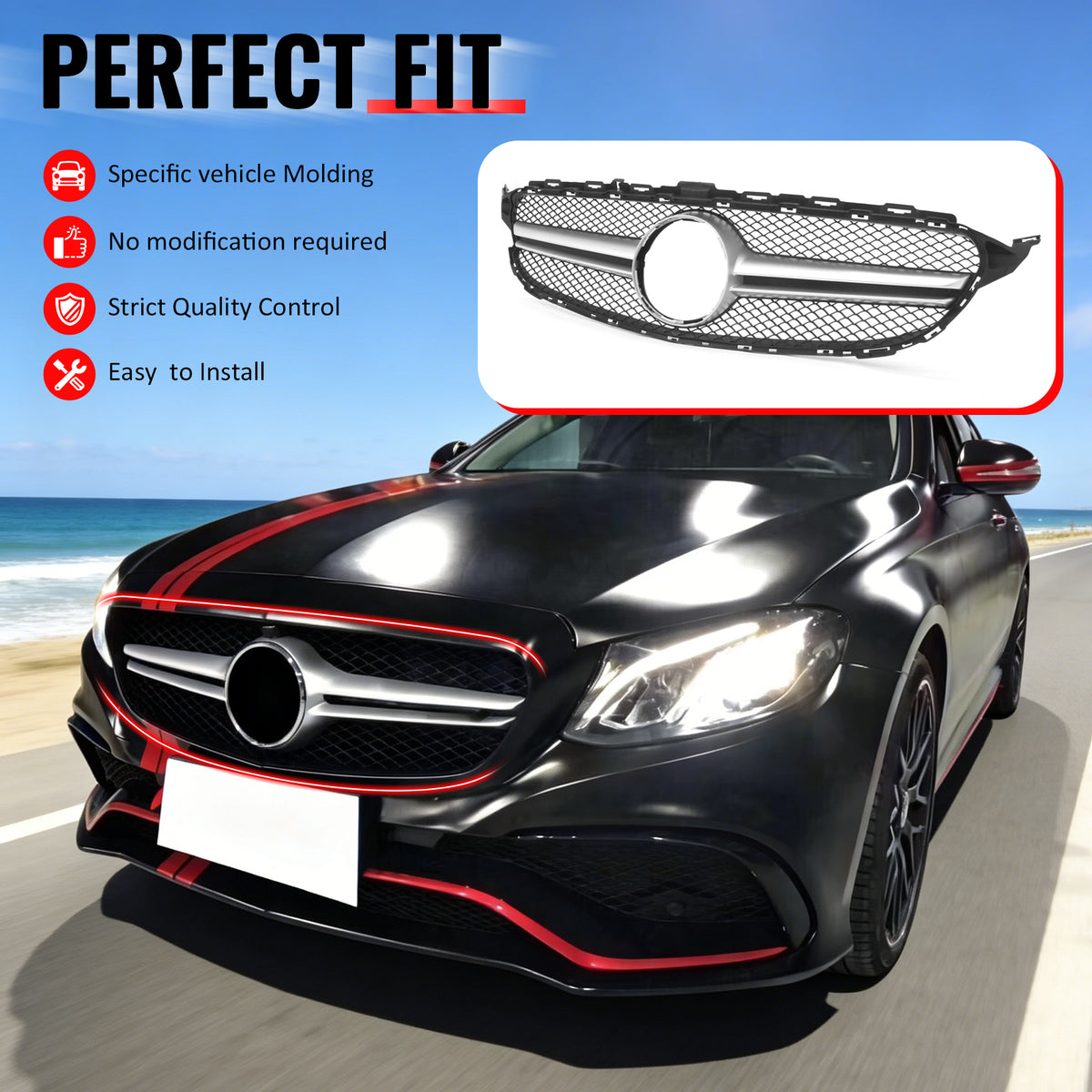 IKON MOTORSPORTS Front Upper Grille, Compatible with 2015-2018 Mercedes-Benz W205 C-Class C300 C350e C400 C450 AMG C205 A205, W205 C63 Style Primer Black + Silver ABS + PP Clip-on Front Mesh Grille