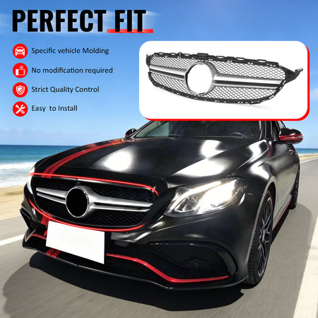 IKON MOTORSPORTS Front Upper Grille, Compatible with 2015-2018 Mercedes-Benz W205 C-Class C300 C350e C400 C450 AMG C205 A205, W205 C63 Style Primer Black + Silver ABS + PP Clip-on Front Mesh Grille