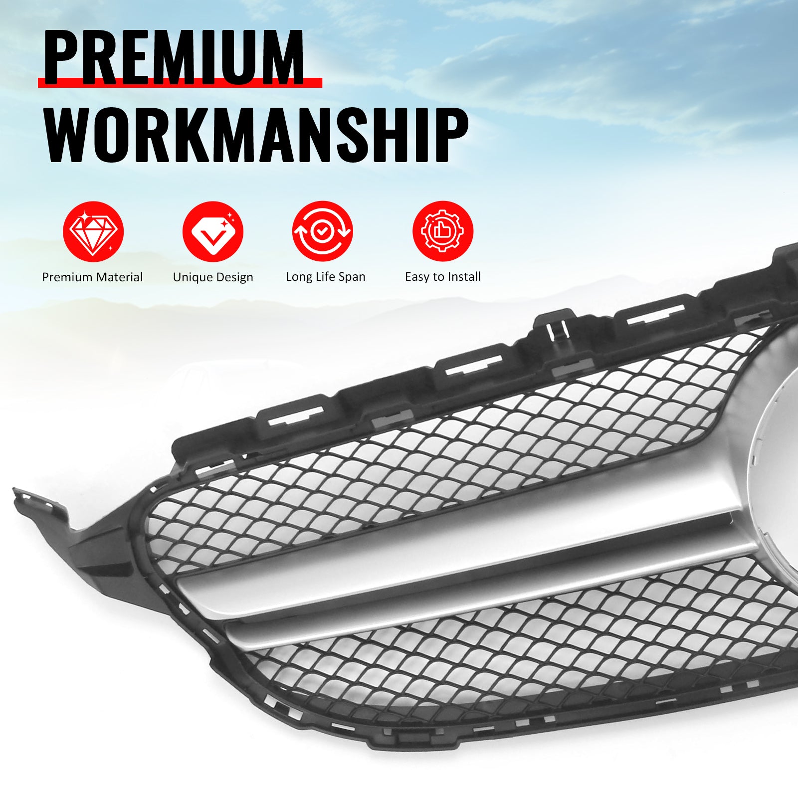 For 15-18 Benz C300 C450 AMG W205 C63 Front Upper Grille Primer Black Silver ABS