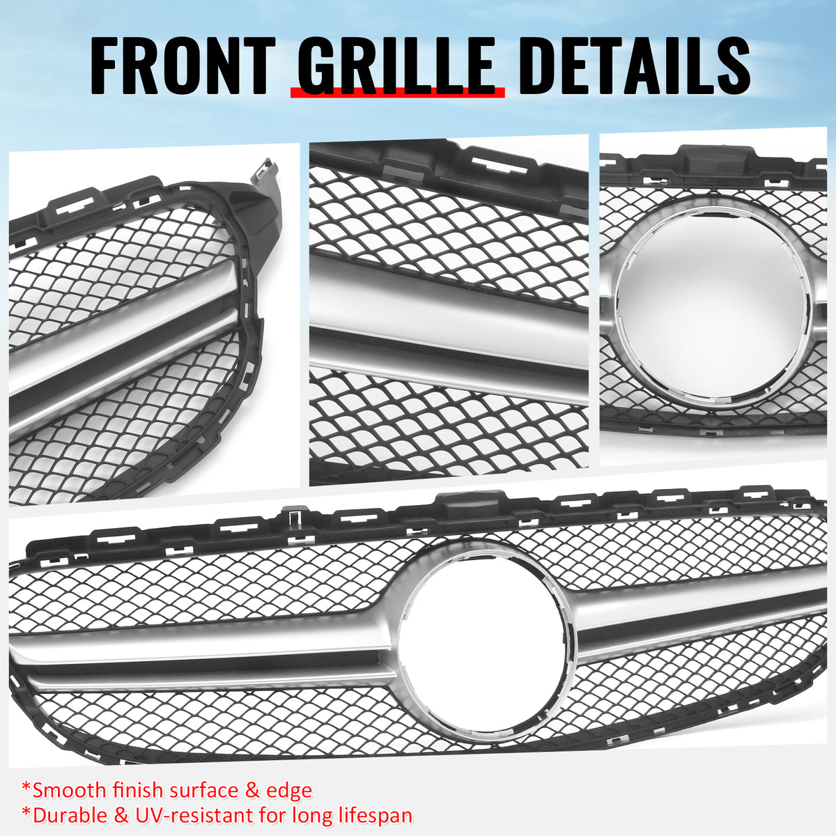 For 15-18 Benz C300 C450 AMG W205 C63 Front Upper Grille Primer Black Silver ABS